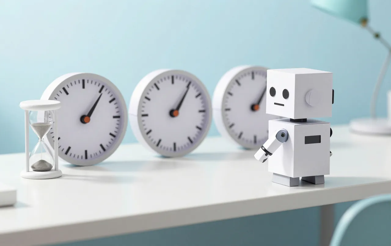 A small white paper robot watches a row of three gauge dials with needles at different levels, a paper hourglass beside them