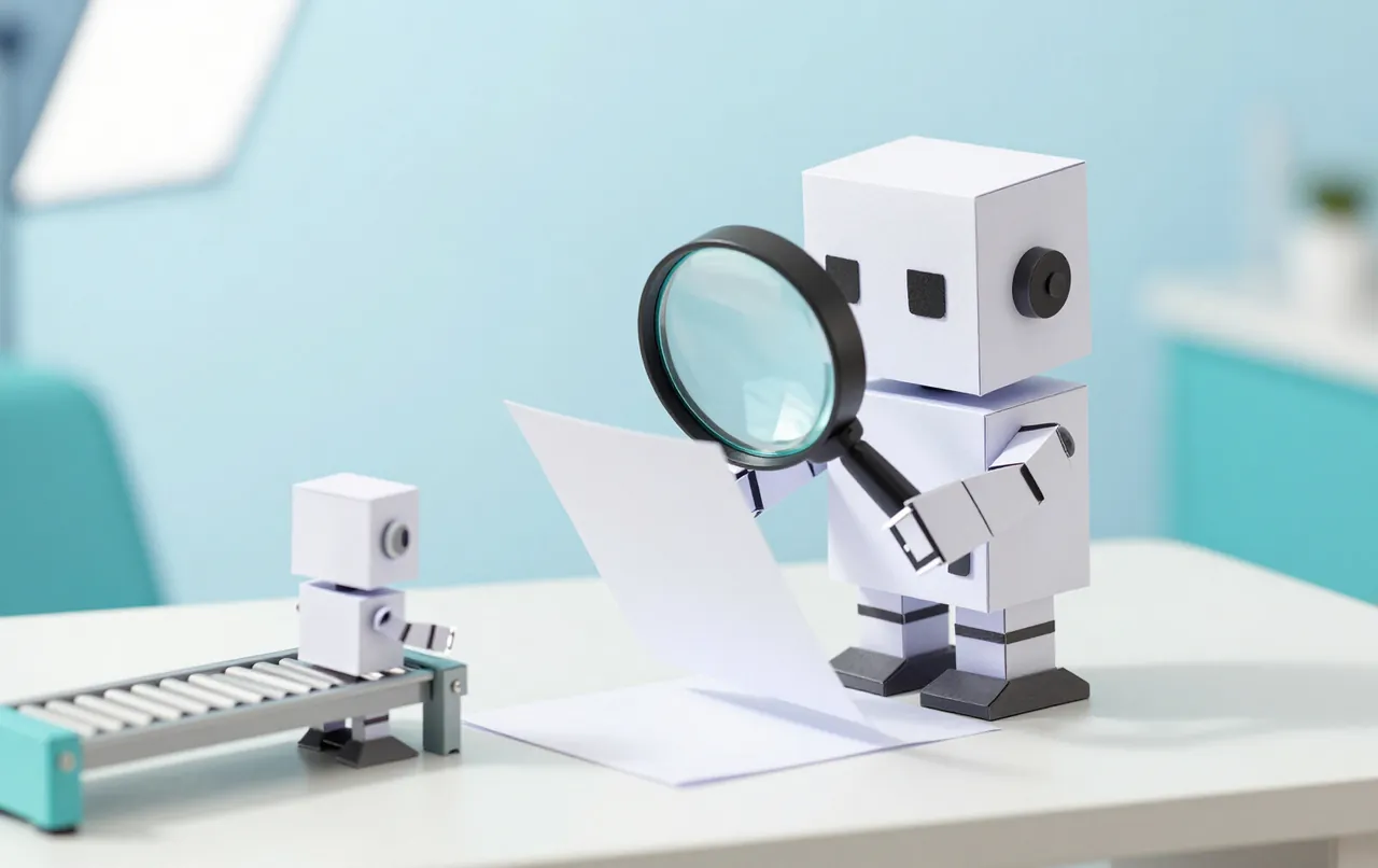 A small white paper robot inspector examines a sheet of paper through a magnifying glass while a second robot waits beside a short conveyor belt