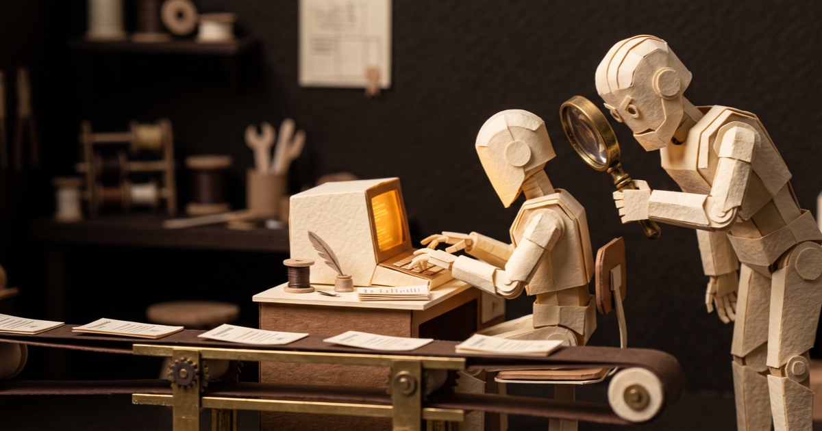 Close-up in the paper factory: a robot worker types at a glowing terminal while the inspector examines the work through a brass magnifying glass